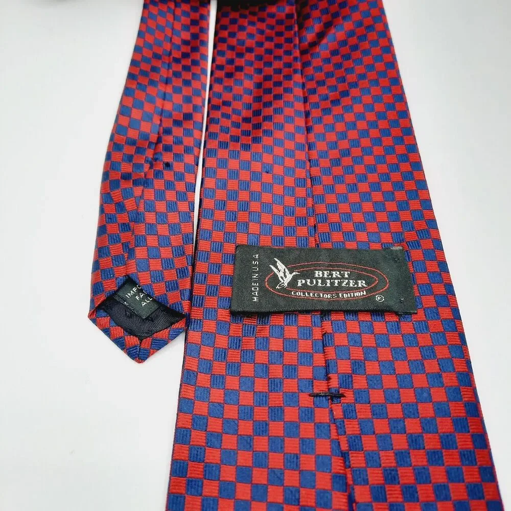 Vintage Bert Pulitzer Collectors Edition Silk Necktie Red Blue Check Squares USA